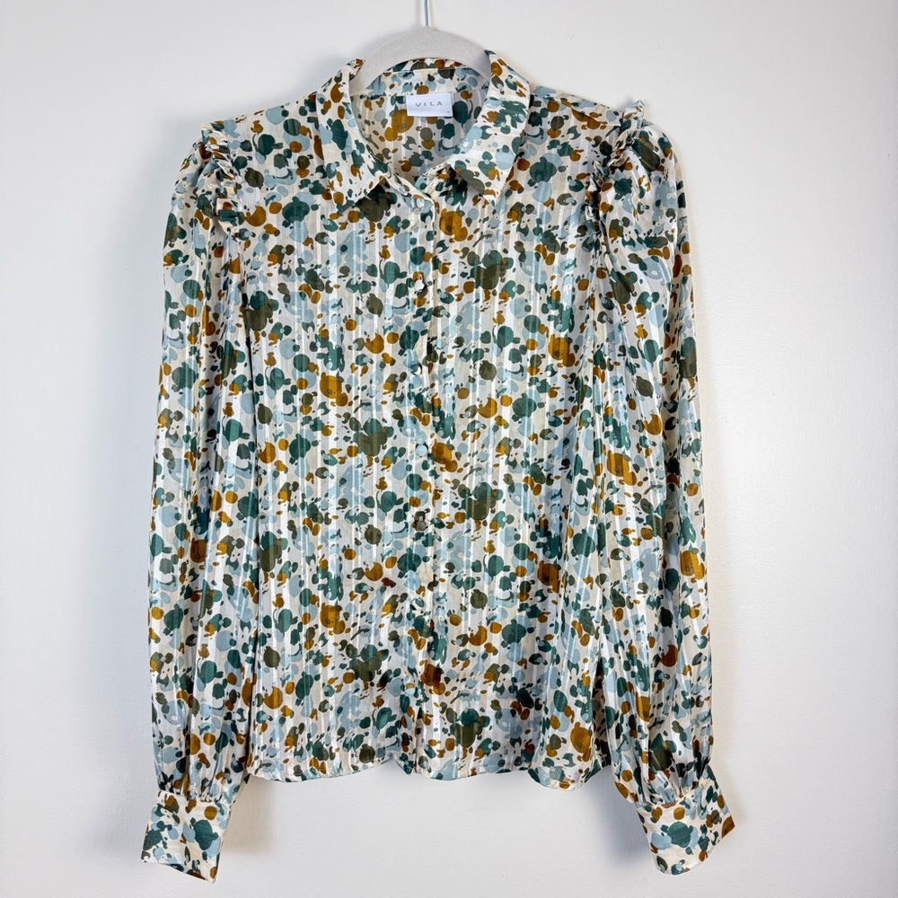 VILA Women Blouse Multi Boho Indie Sheer size 38 Business Cottagecore Splotches‎